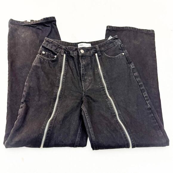 Zara High Waisted Zipper Detail Black Denim Jeans Silver Zipper Size 6 MINT - Picture 4 of 9
